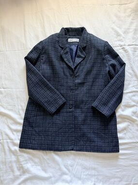 Vintage 90s Adolfo Studio Blue Plaid Tweed Longline Blazer Jacket Size 16 XL
